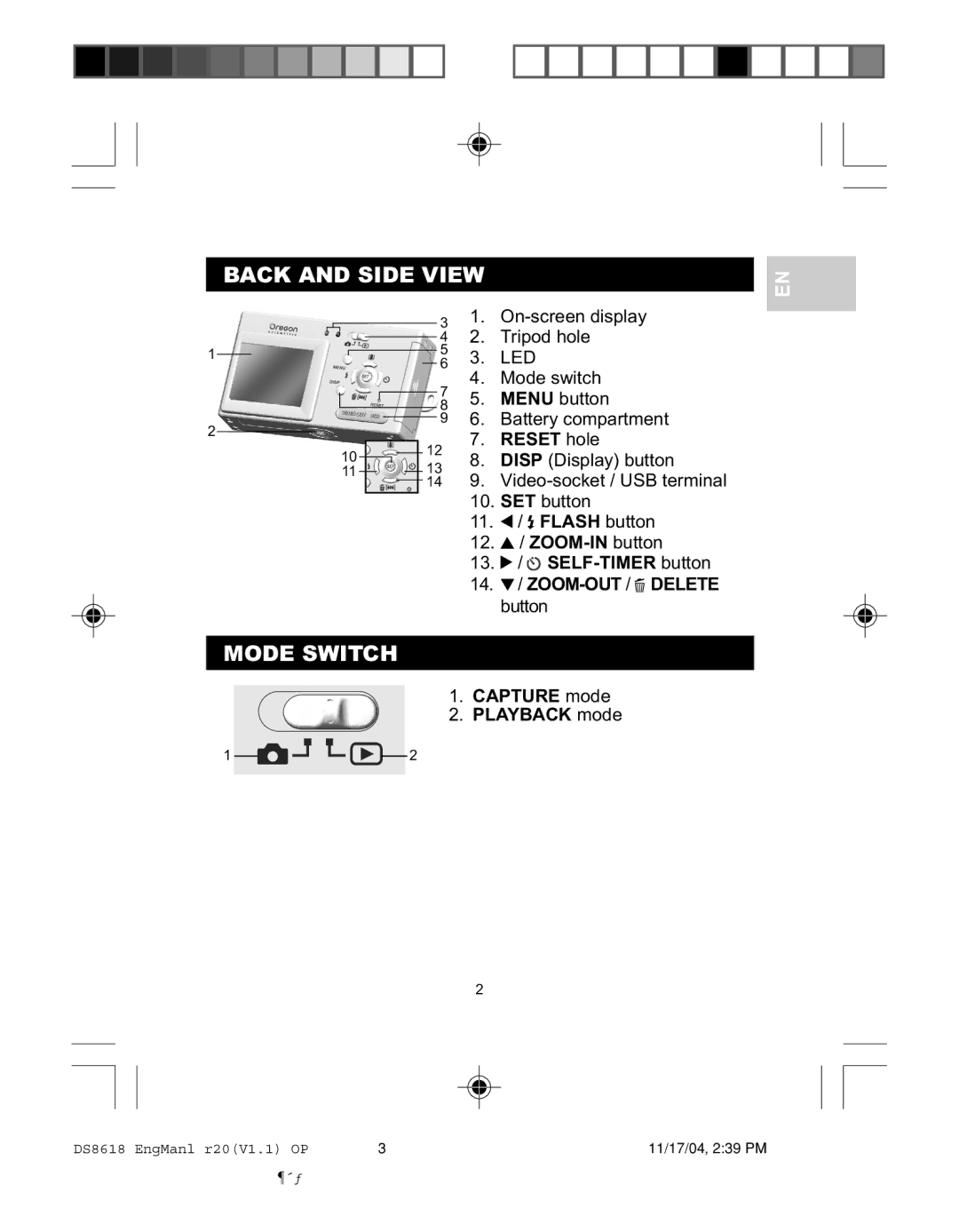 Oregon DS8618 user manual Back and Side View, Mode Switch, Zoom-Out /Delete 