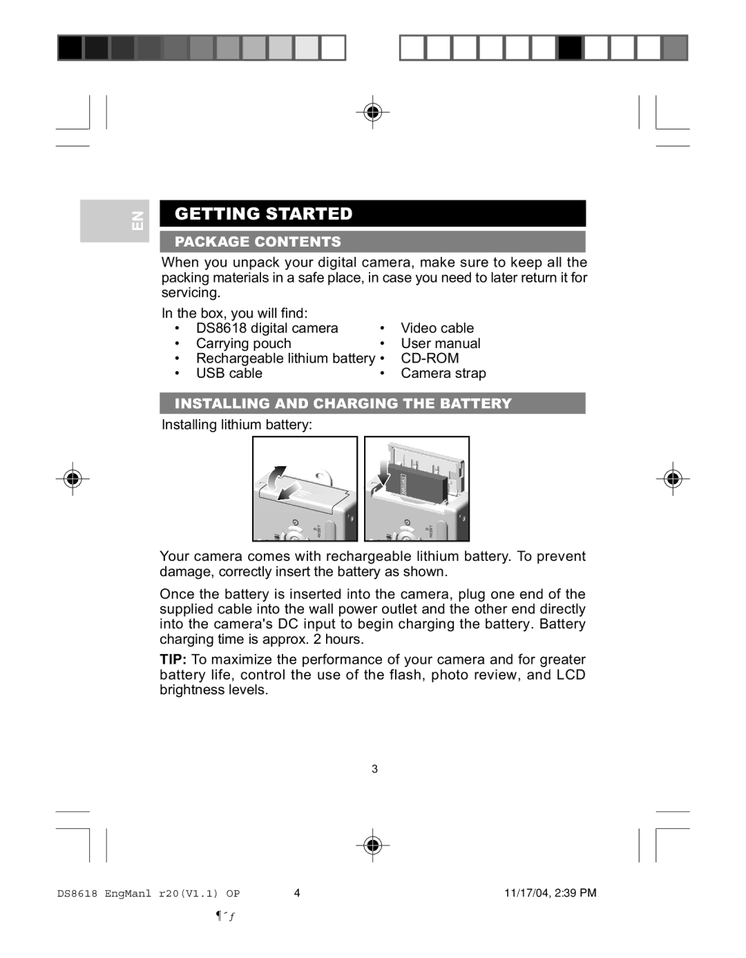 Oregon DS8618 user manual Getting Started, Package Contents, Installing and Charging the Battery 