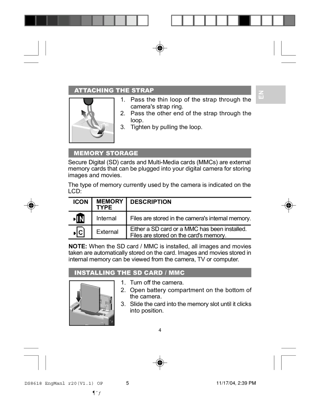 Oregon DS8618 user manual Attaching the Strap, Memory Storage, Icon Memory Description Type, Installing the SD Card / MMC 