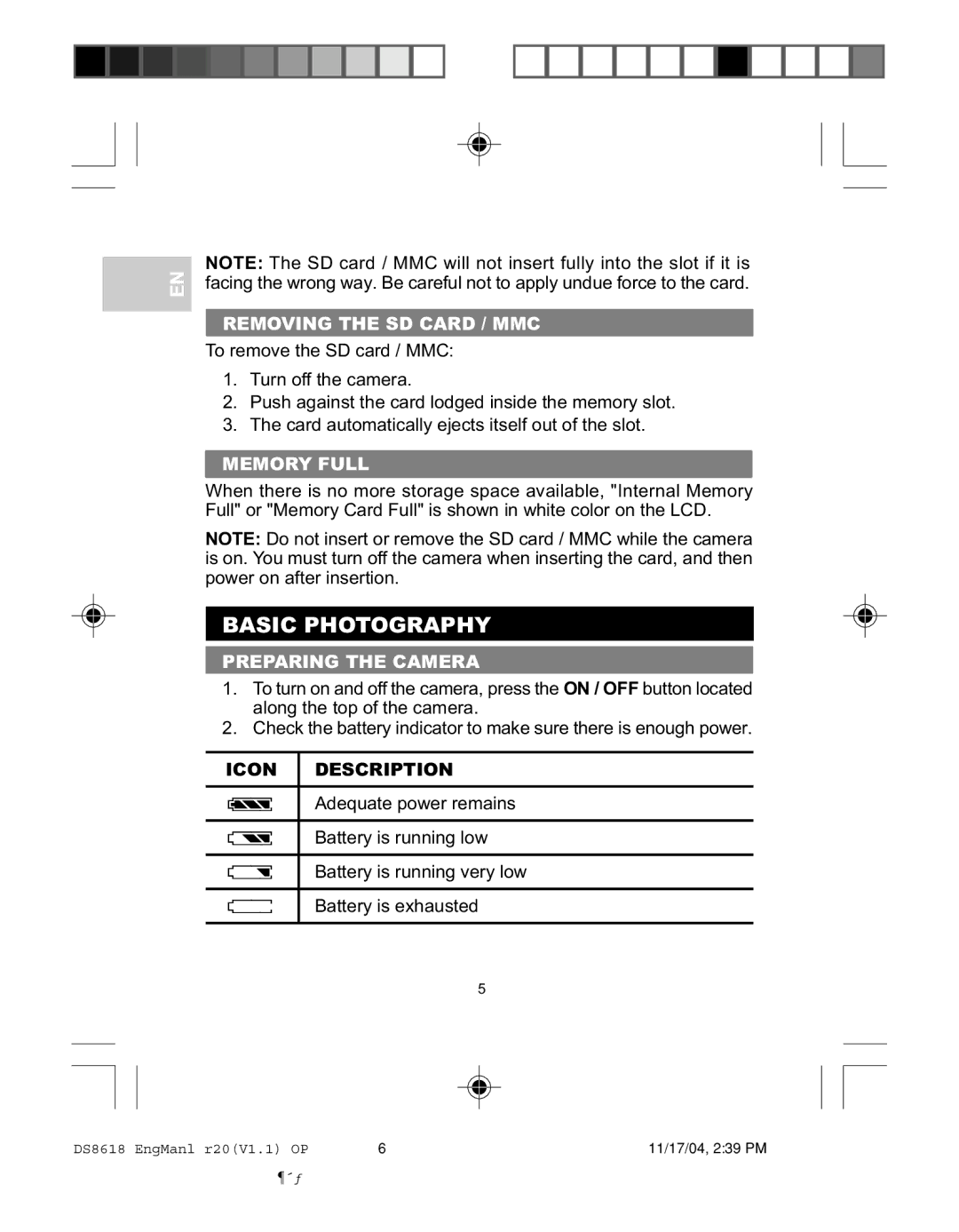 Oregon DS8618 Basic Photography, Removing the SD Card / MMC, Memory Full, Preparing the Camera, Icon Description 