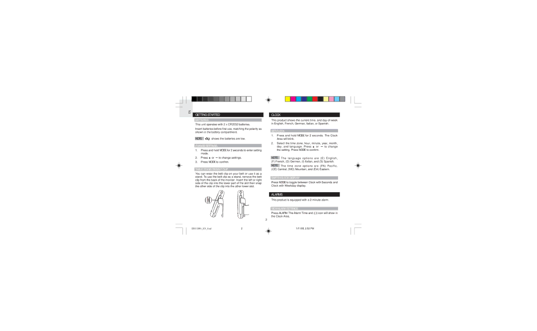 Oregon EB313HG user manual Getting Started, Clock, Alarms 