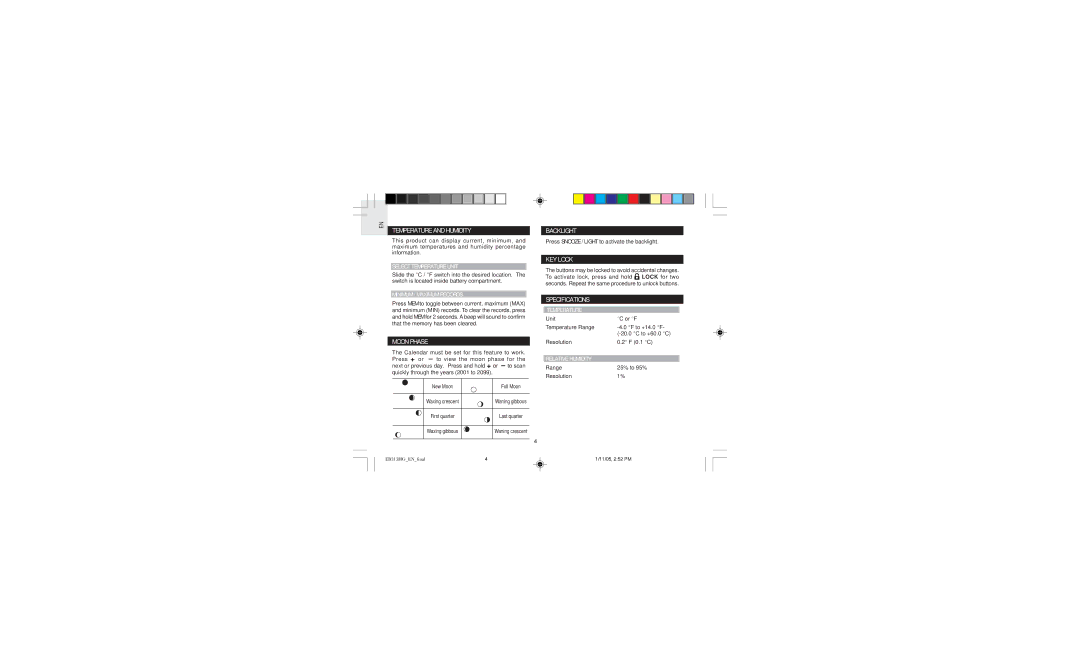 Oregon EB313HG user manual Temperature and Humidity, Moon Phase, Backlight, KEY Lock, Specifications 