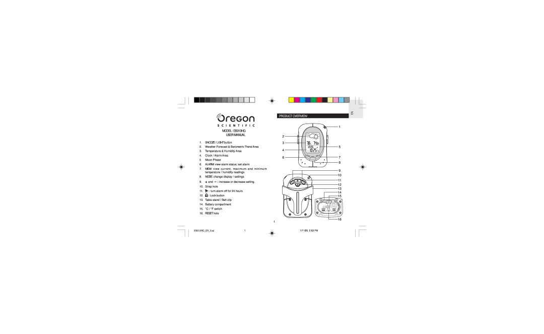 Oregon user manual Product Overview, SNOOZE / LIGHT button, RESET hole, MODEL EB313HG USER MANUAL 