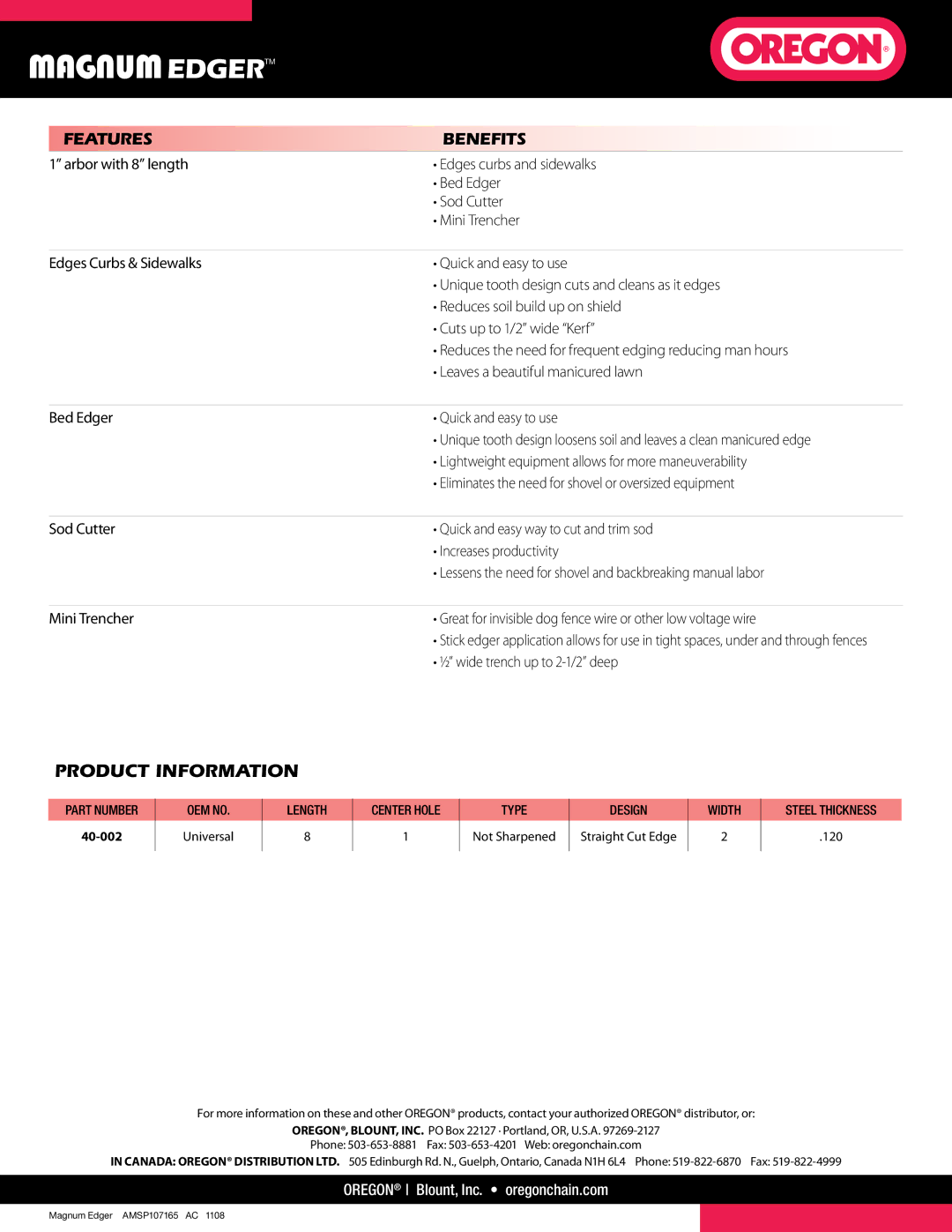 Oregon Edger manual Product Information, Features Benefits, 40-002 