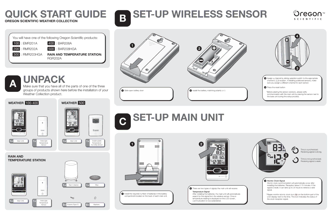 Oregon EMR201A quick start Quick Start Guide, Unpack, SET-UP Wireless Sensor, SET-UP Main Unit 