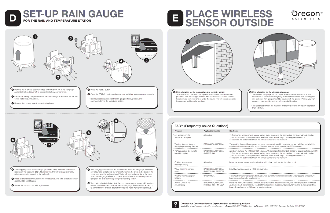 Oregon EMR201A quick start Place Wireless Sensor Outside, BAR208HGA, BAR206A, RMR203HGA, RMR202A 