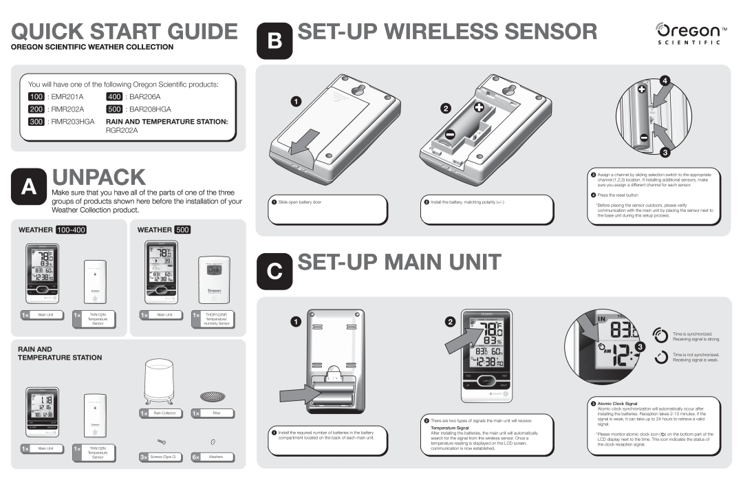 Oregon EMR201A quick start Quick Start Guide, Unpack, B Set-Up Wireless Sensor, C Set-Up Main Unit, RGR202A, Weather 