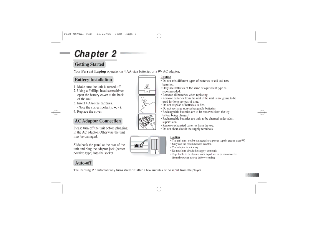 Oregon Ferrari Laptop manual Getting Started, Battery Installation, AC Adaptor Connection, Auto-off 