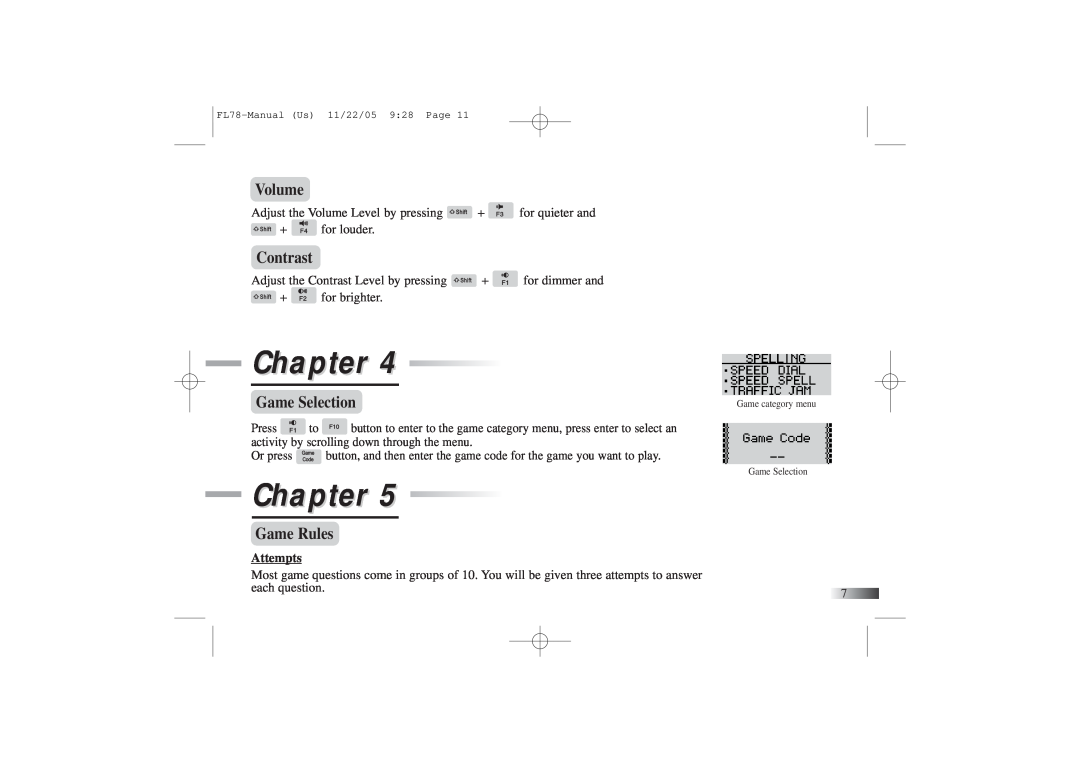Oregon Ferrari Laptop manual Volume, Contrast, Game Selection, Game Rules, Attempts, Chapter 