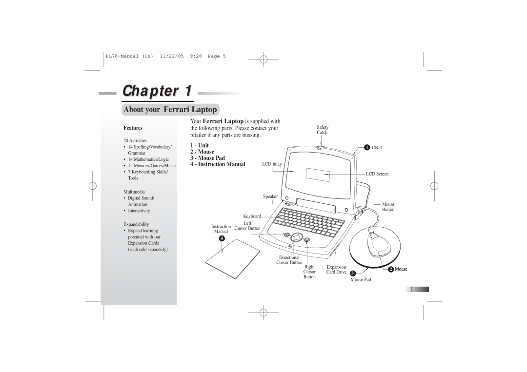 Oregon manual Chapter, About your Ferrari Laptop, FL78-Manual Us 11/22/05 928 Page, Features 