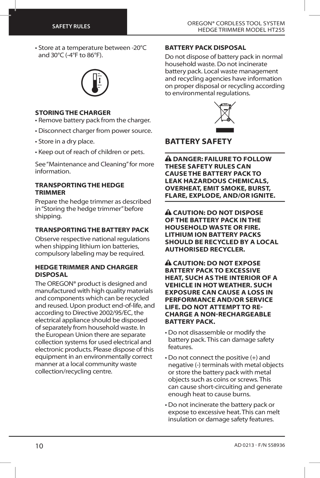 Oregon HT255 instruction manual Battery Safety 