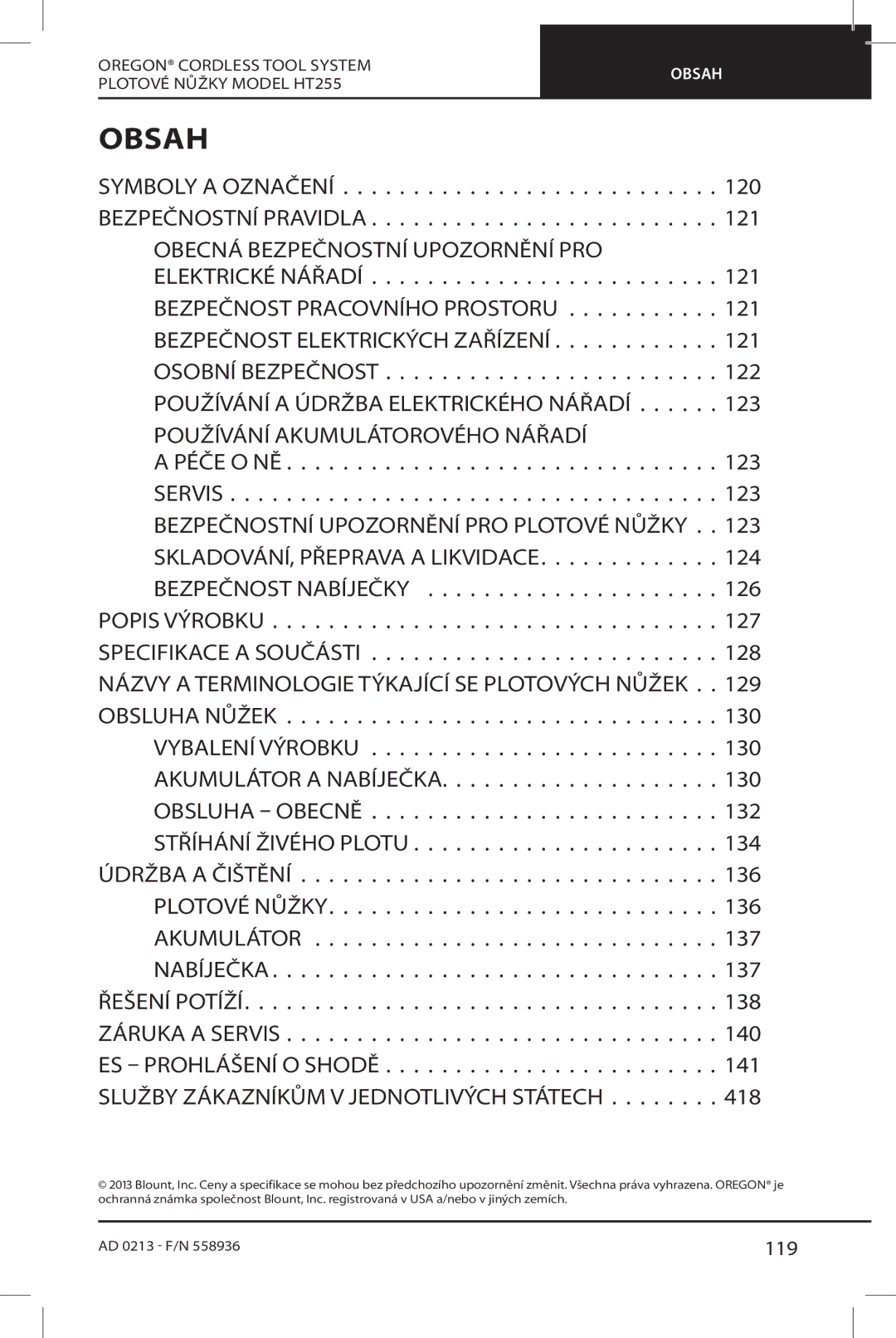 Oregon HT255 instruction manual Obsah, 119 