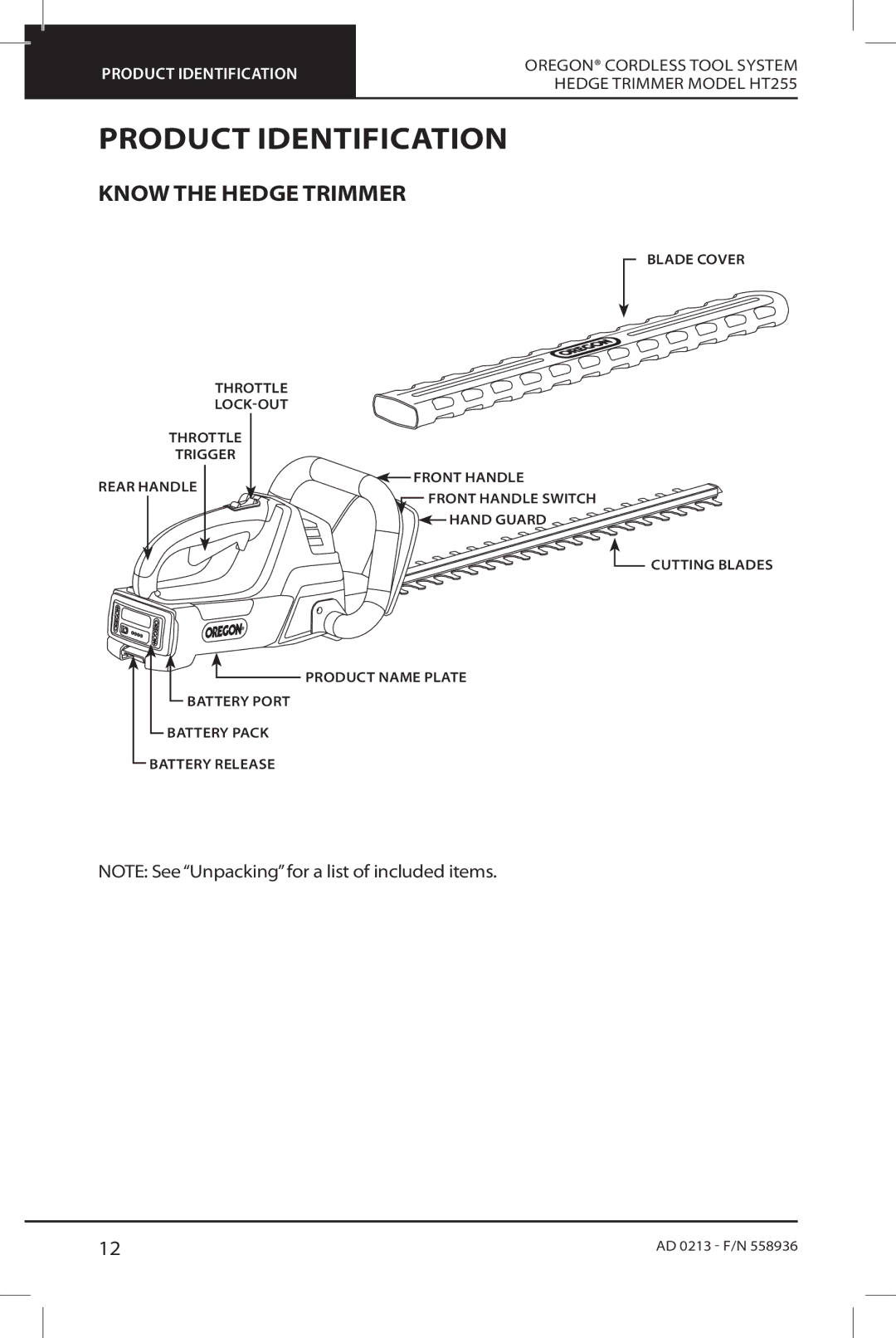 Oregon HT255 instruction manual Product Identification, Know the Hedge Trimmer 