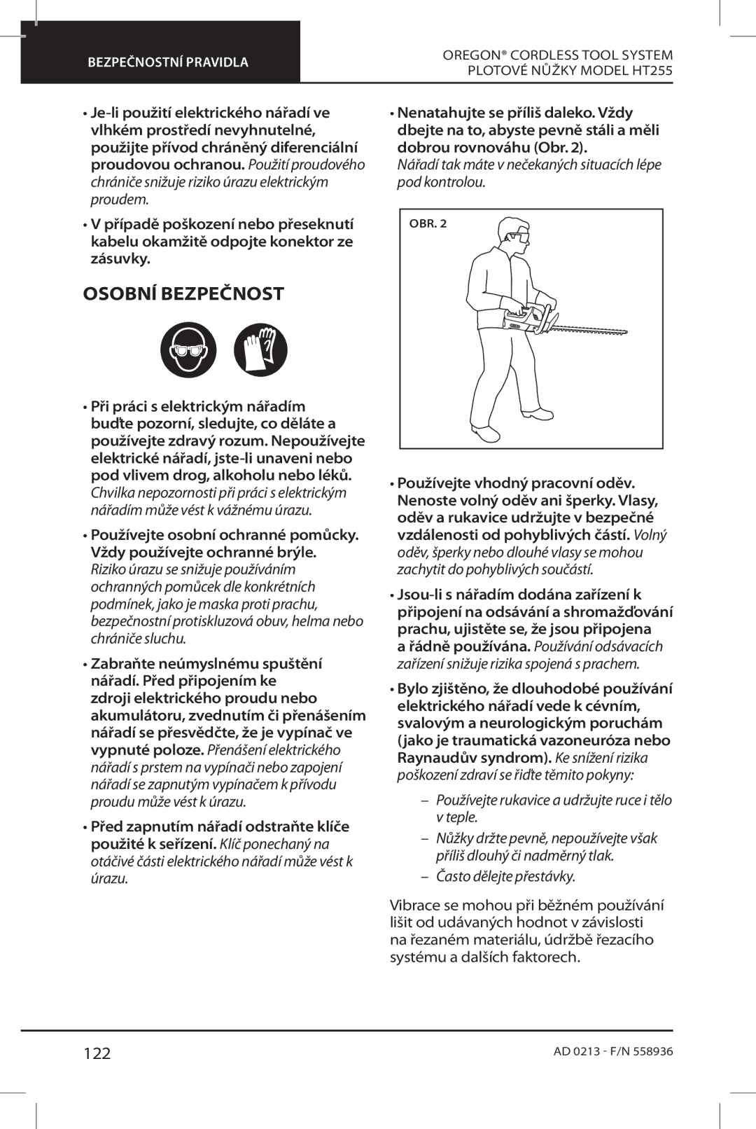 Oregon HT255 instruction manual Osobní Bezpečnost, 122 