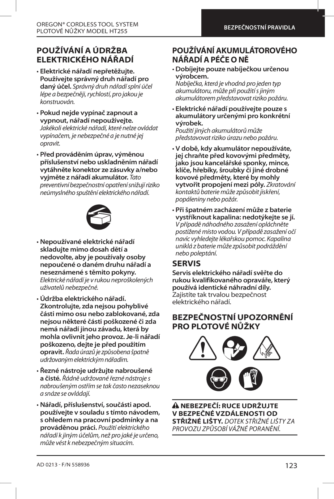 Oregon HT255 Servis, Používání a Údržba Elektrického Nářadí, Bezpečnostní Upozornění PRO Plotové Nůžky, 123 