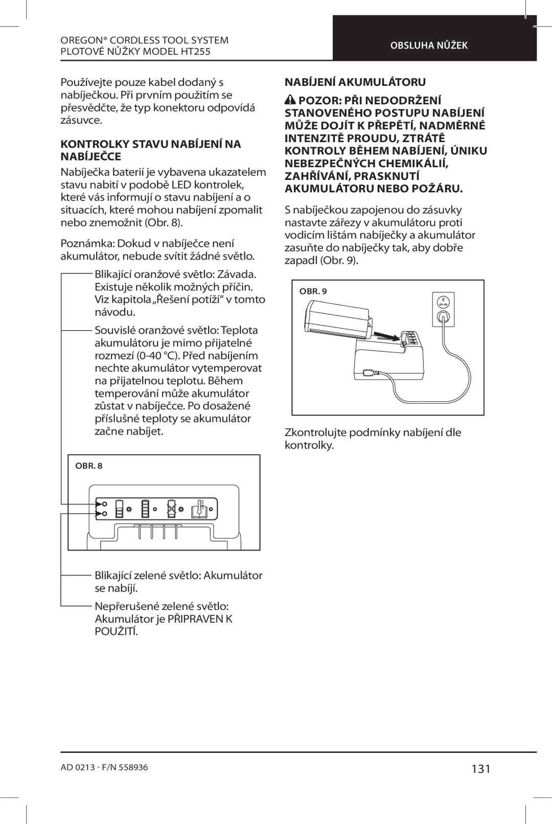 Oregon HT255 instruction manual 131, Kontrolky Stavu Nabíjení NA Nabíječce 