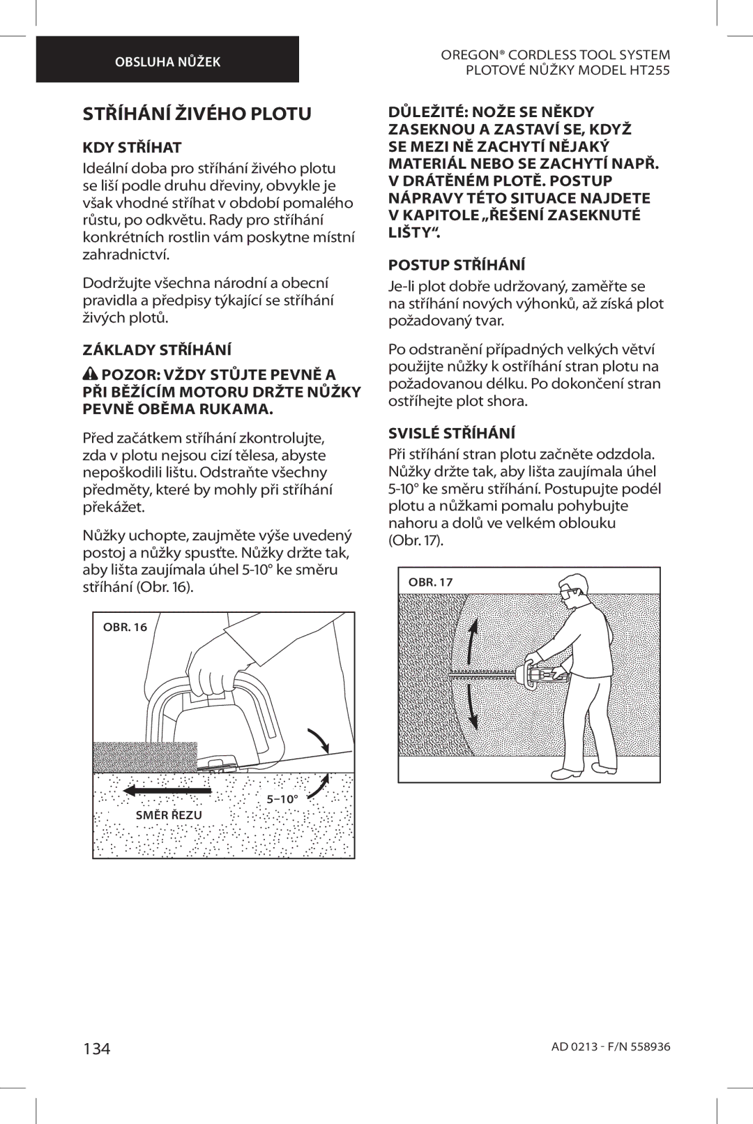 Oregon HT255 instruction manual Stříhání Živého Plotu, 134 