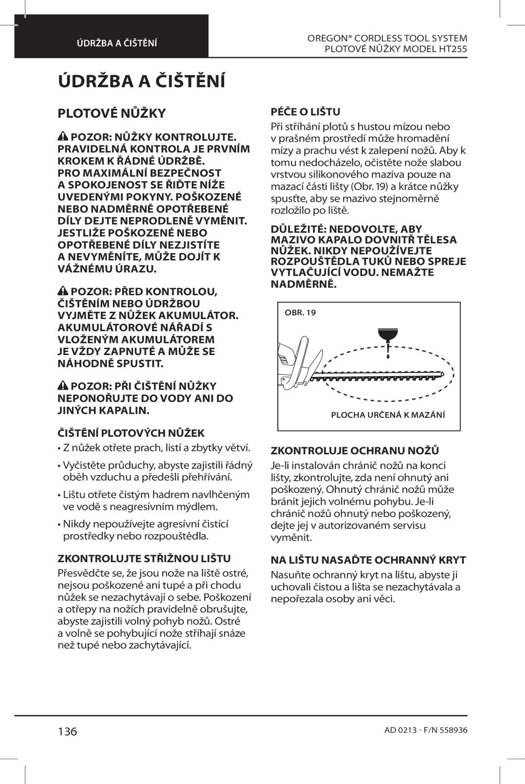 Oregon HT255 instruction manual Údržba a Čištění, Plotové Nůžky, 136 