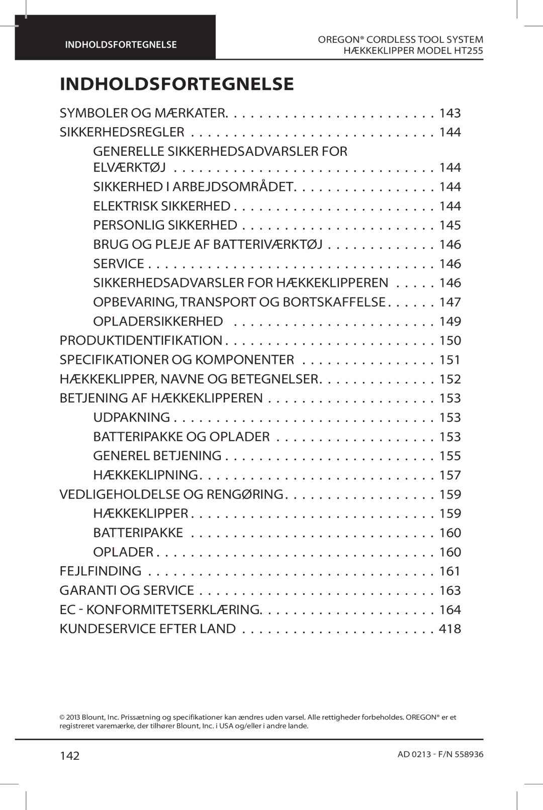 Oregon HT255 instruction manual Indholdsfortegnelse, 142 