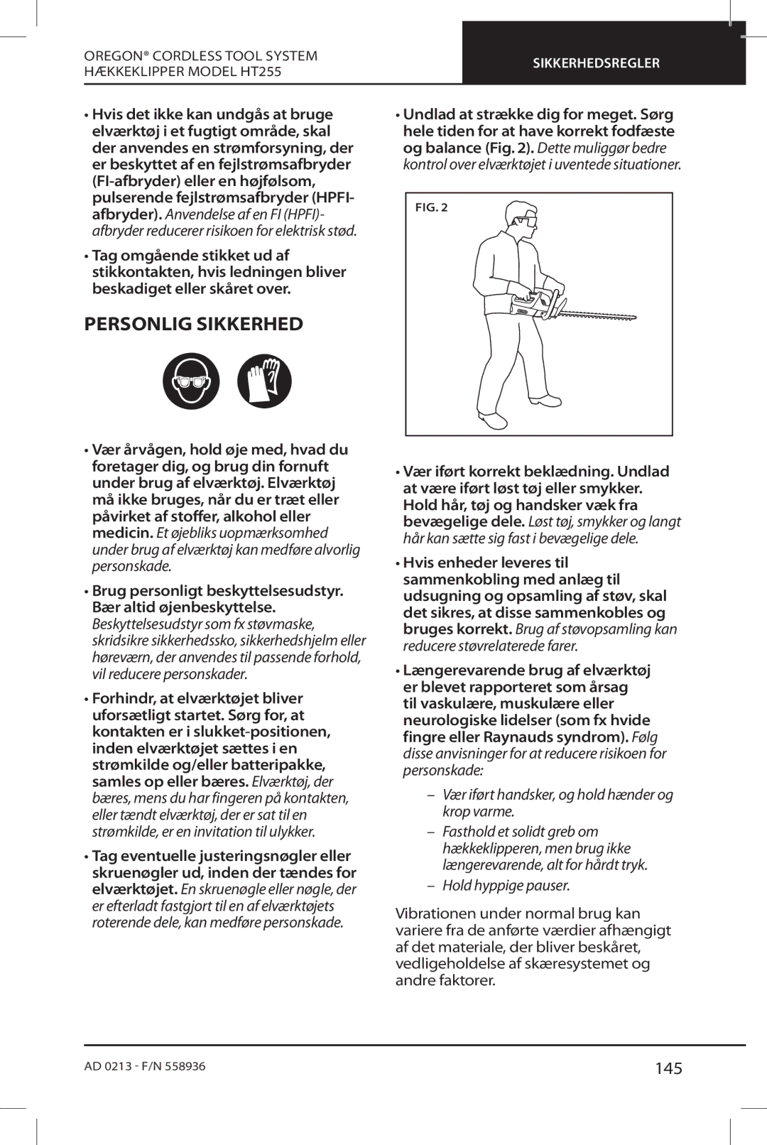 Oregon HT255 instruction manual Personlig Sikkerhed, 145 