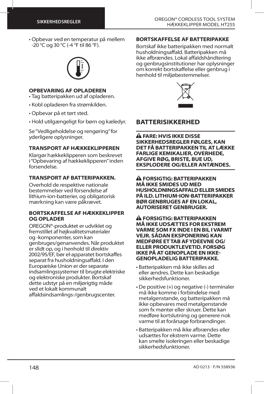 Oregon HT255 instruction manual Batterisikkerhed, 148 