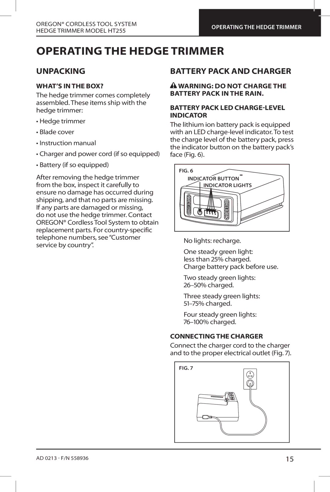 Oregon HT255 instruction manual Operating the Hedge Trimmer, Unpacking, Battery Pack and Charger 