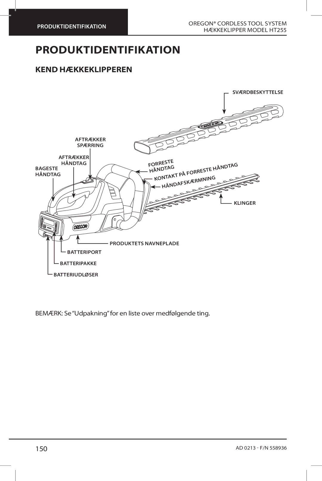 Oregon HT255 instruction manual Kend Hækkeklipperen, 150 