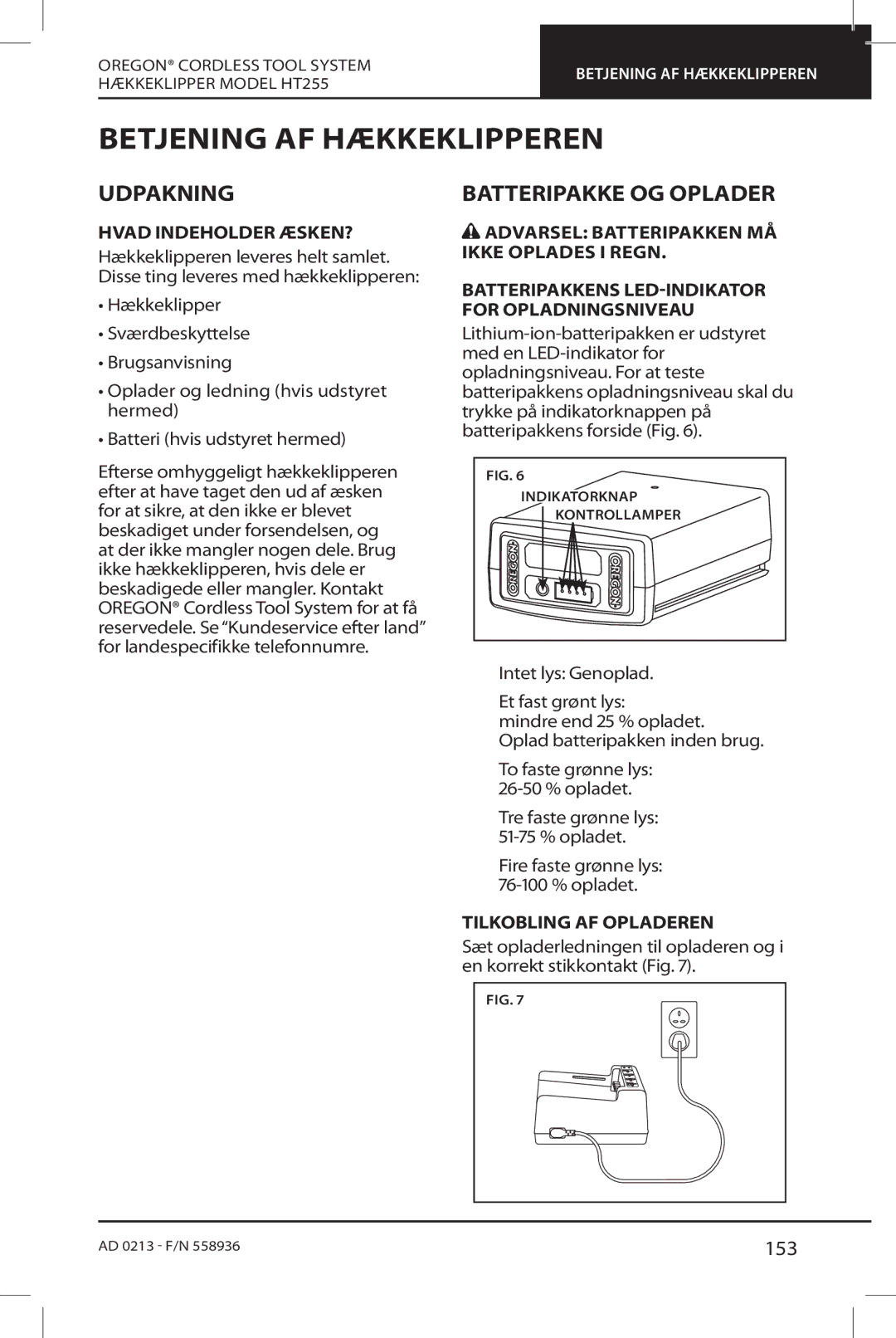 Oregon HT255 instruction manual Betjening AF Hækkeklipperen, Udpakning, Batteripakke OG Oplader, 153 