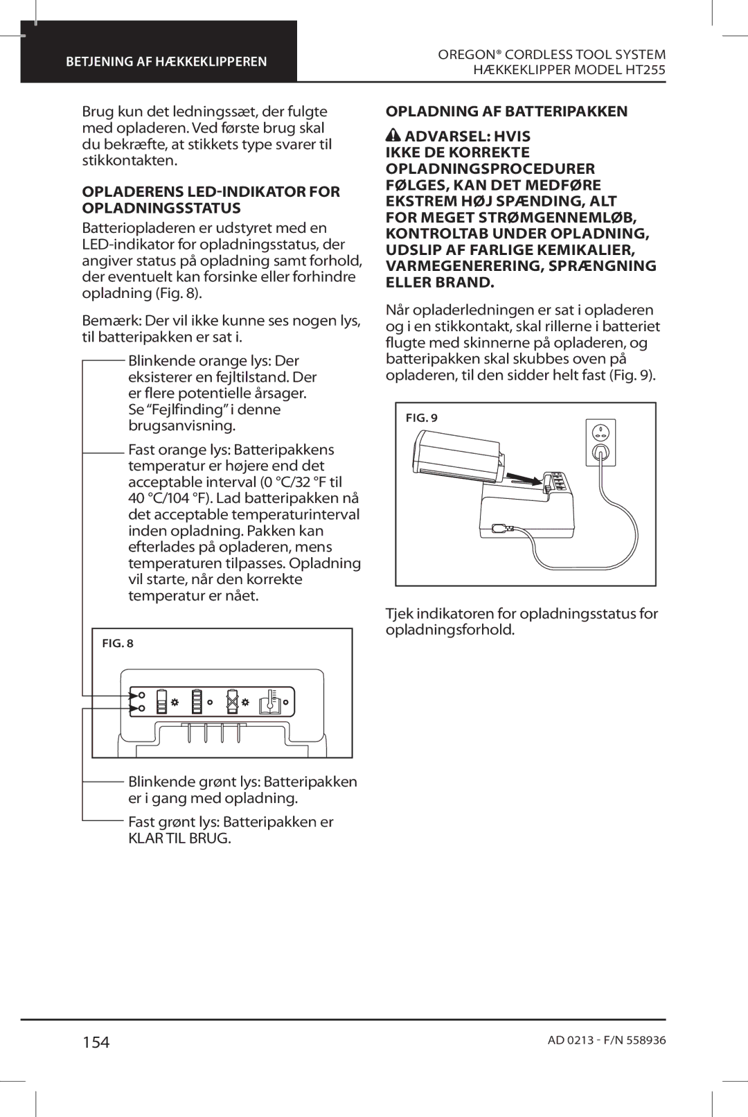 Oregon HT255 instruction manual 154, Opladerens LED-INDIKATOR for Opladningsstatus 