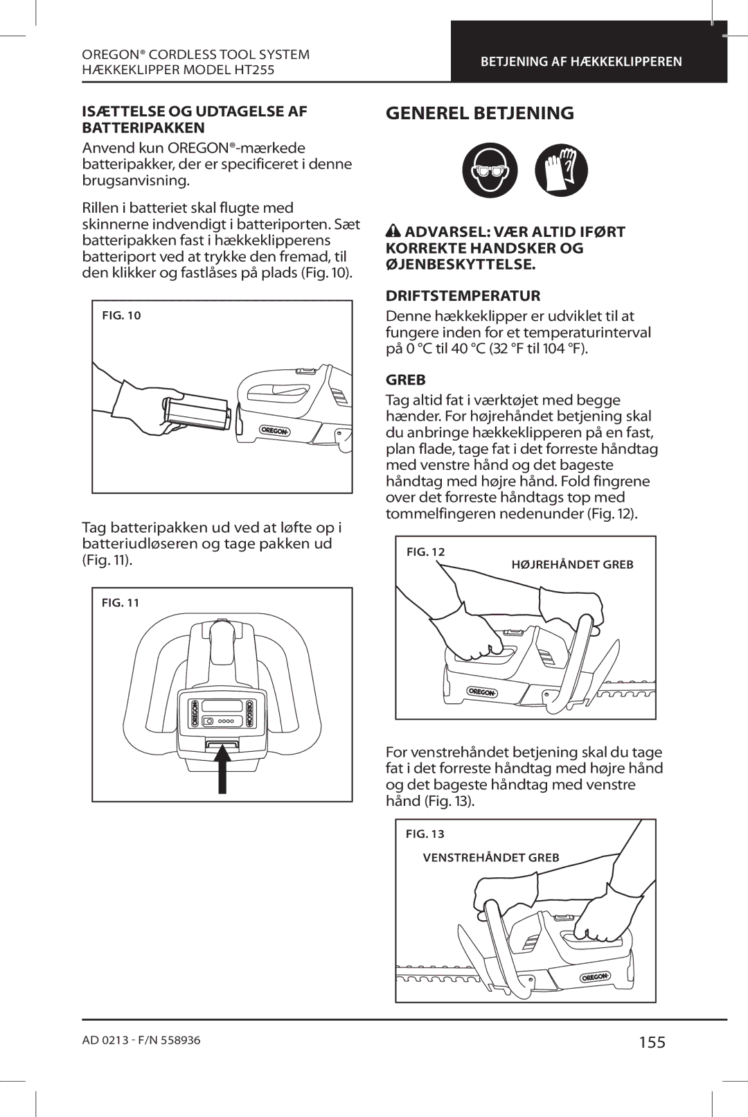 Oregon HT255 instruction manual Generel Betjening, 155, Isættelse OG Udtagelse AF Batteripakken, Greb 