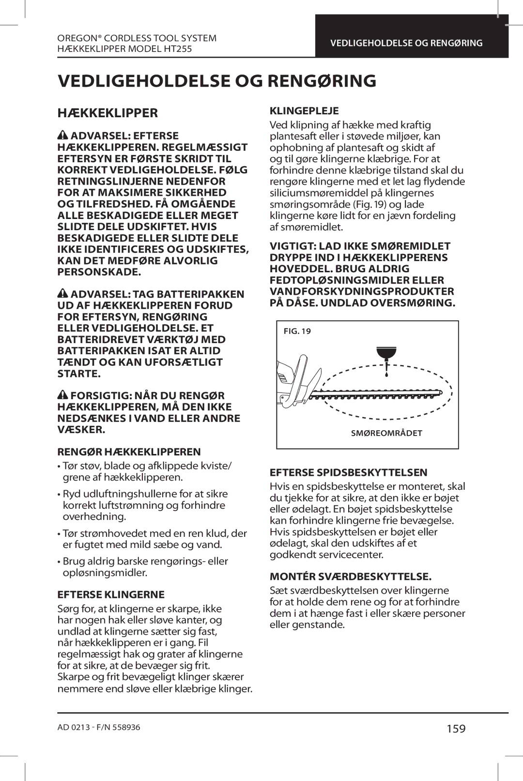 Oregon HT255 instruction manual Vedligeholdelse OG Rengøring, Hækkeklipper, 159 