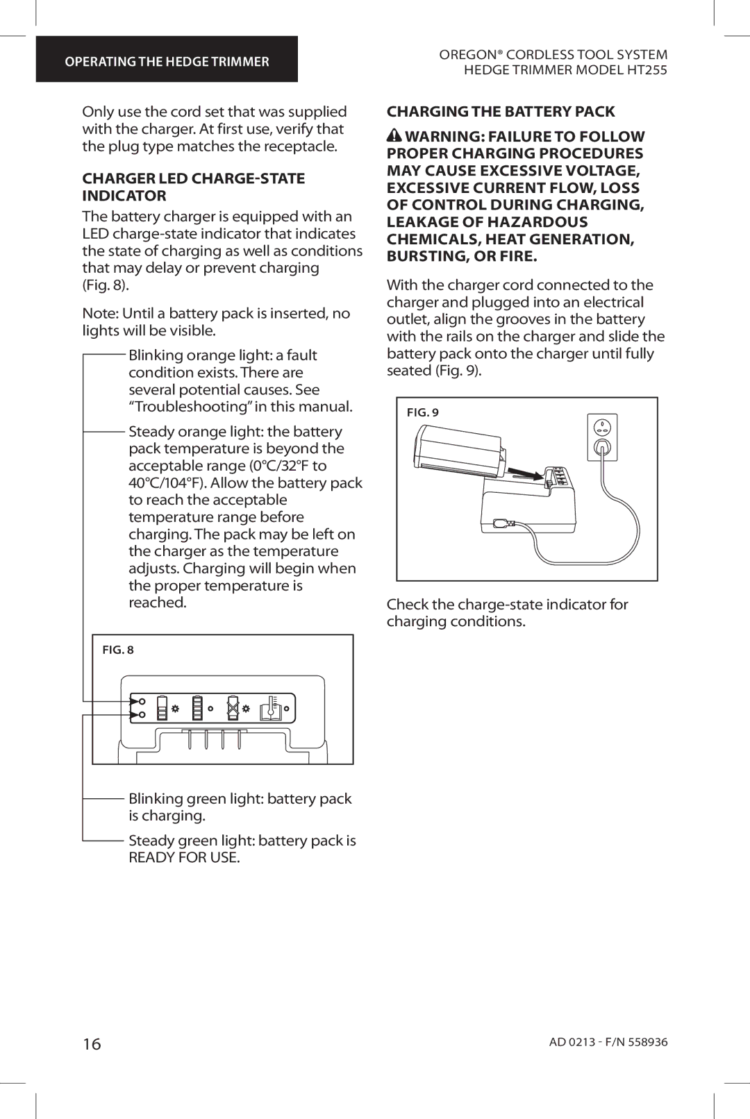 Oregon HT255 instruction manual Charger LED CHARGE-STATE Indicator, Charging the Battery Pack 