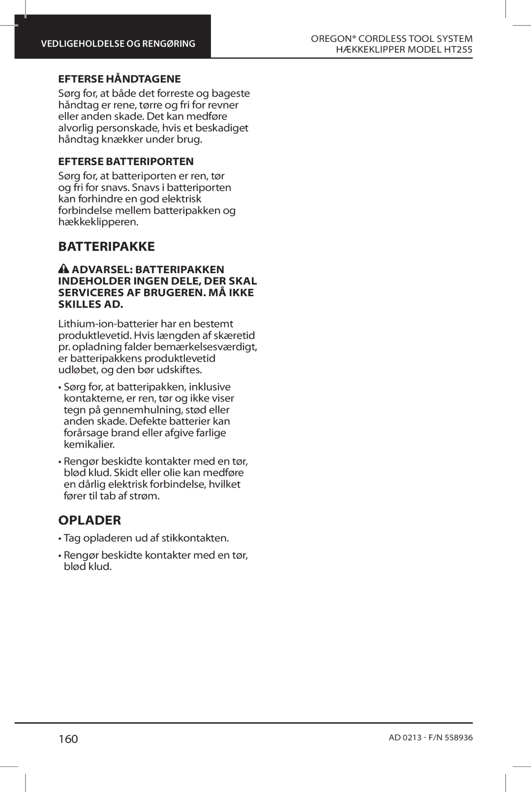 Oregon HT255 instruction manual Batteripakke, Oplader, 160, Efterse Håndtagene, Efterse Batteriporten 