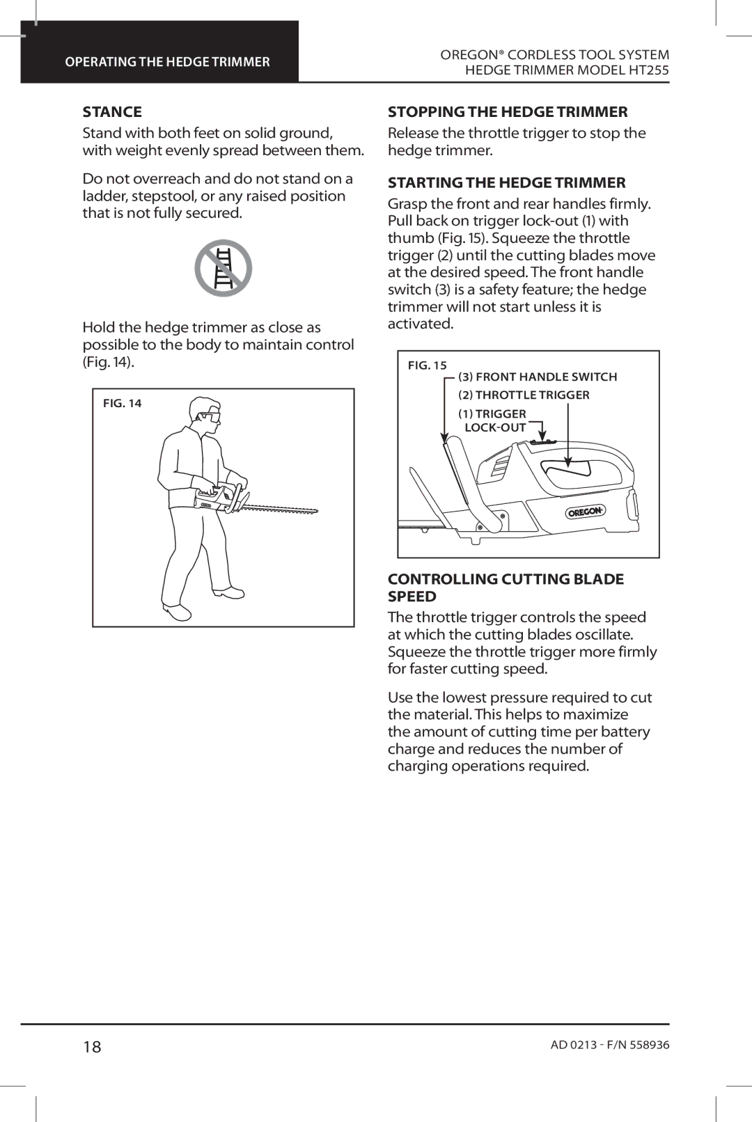 Oregon HT255 Stance, Stopping the Hedge Trimmer, Starting the Hedge Trimmer, Controlling Cutting Blade Speed 