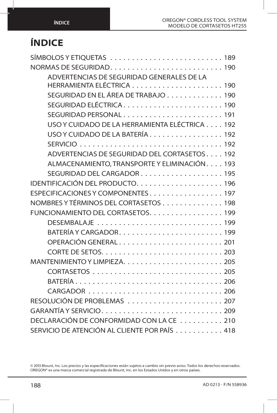 Oregon HT255 instruction manual Índice, 188 
