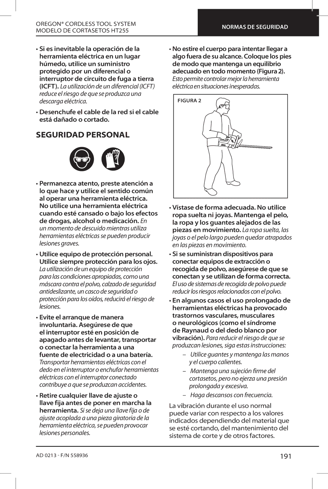 Oregon HT255 instruction manual Seguridad Personal, 191 