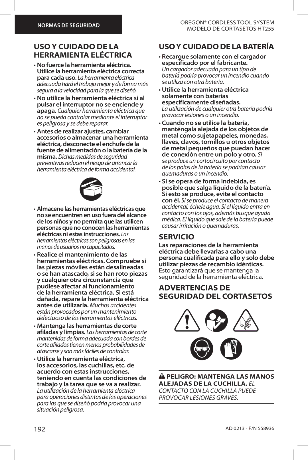 Oregon HT255 instruction manual USO Y Cuidado DE LA Batería, Servicio, USO Y Cuidado DE LA Herramienta Eléctrica, 192 