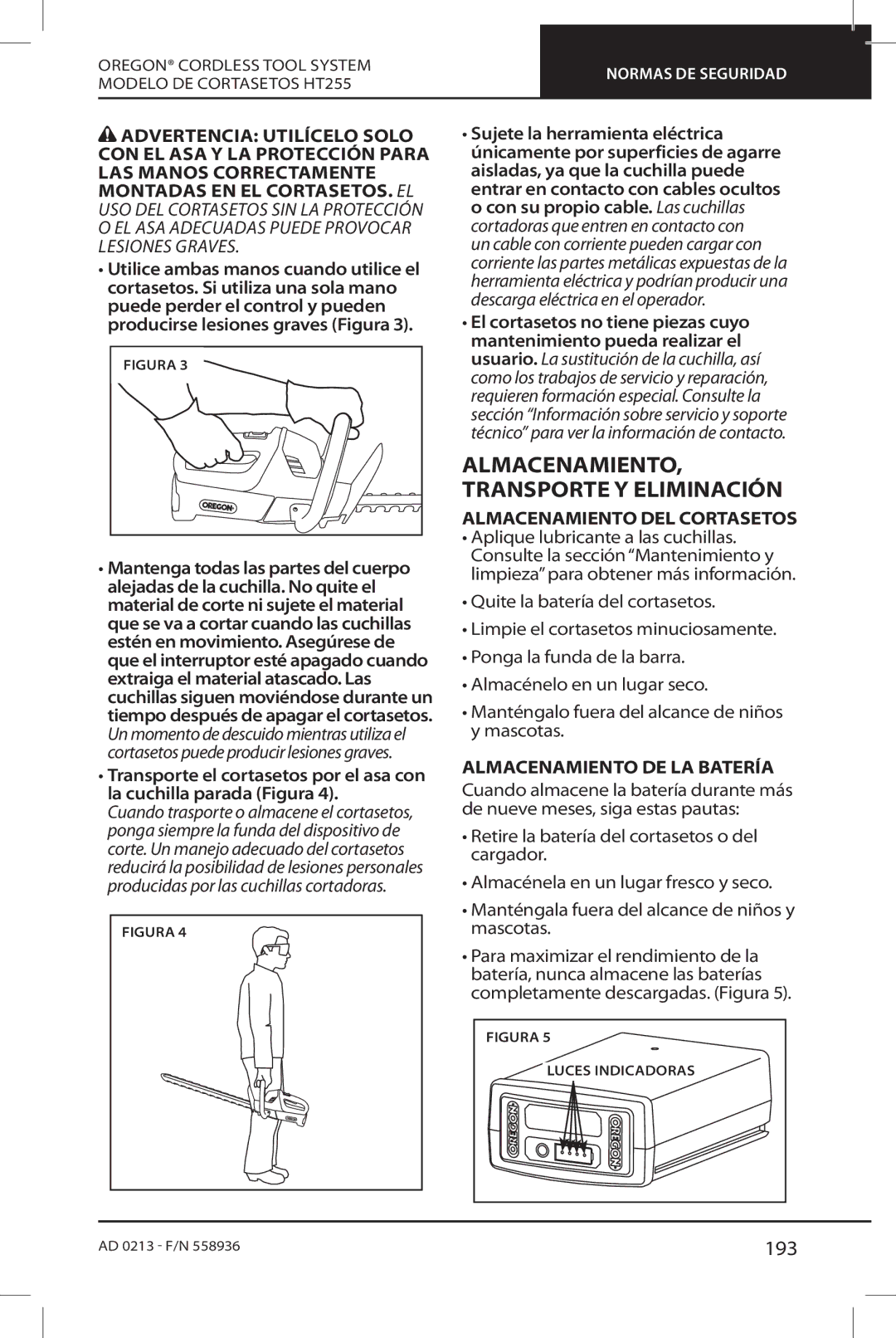 Oregon HT255 instruction manual Almacenamiento, Transporte Y Eliminación 