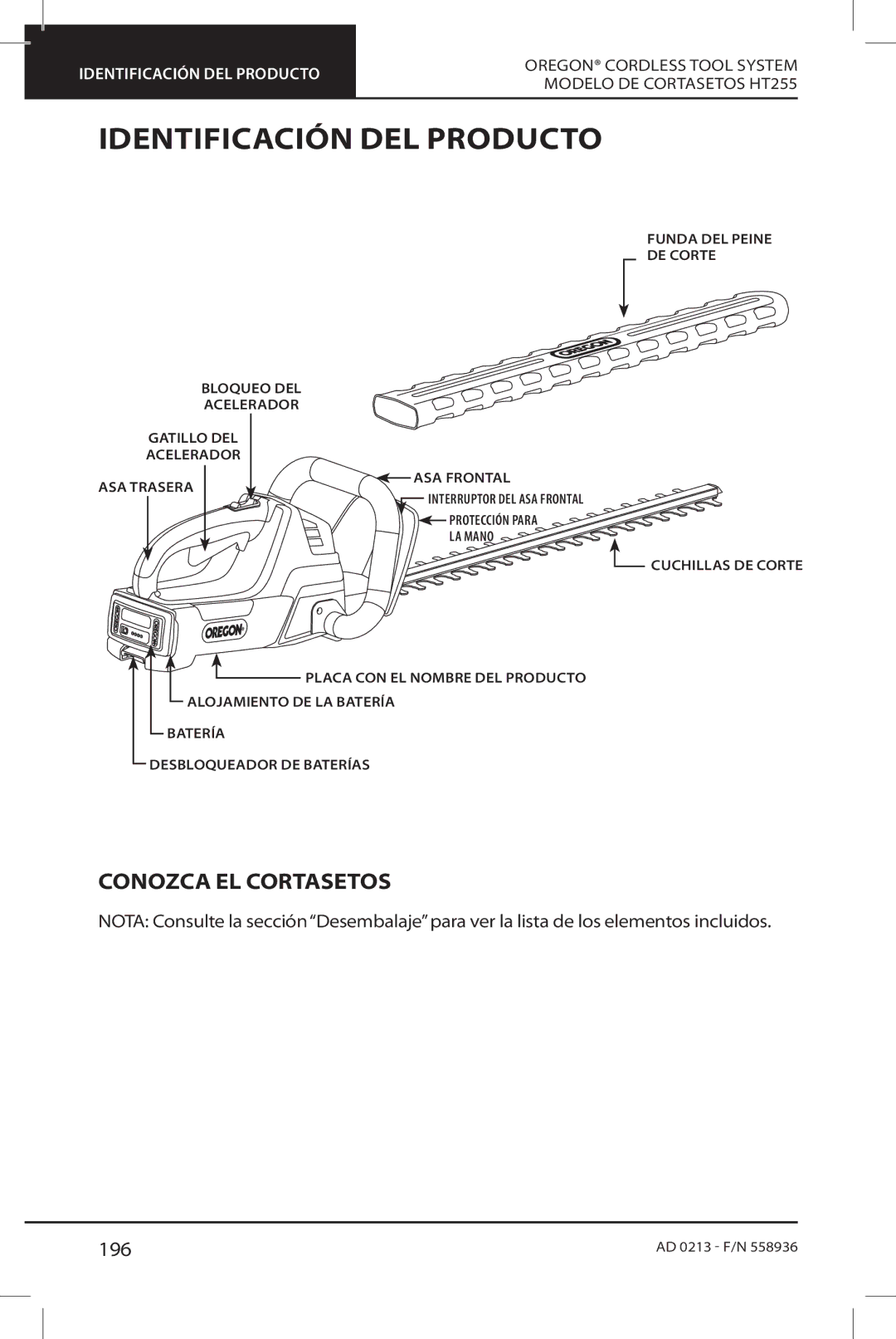 Oregon HT255 instruction manual Identificación DEL Producto, Conozca EL Cortasetos, 196 