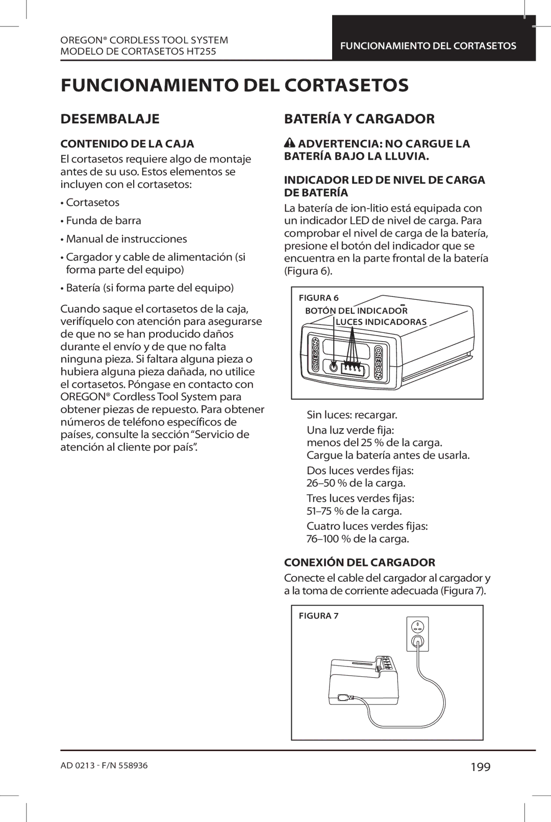 Oregon HT255 instruction manual Funcionamiento DEL Cortasetos, Desembalaje, Batería Y Cargador, 199 