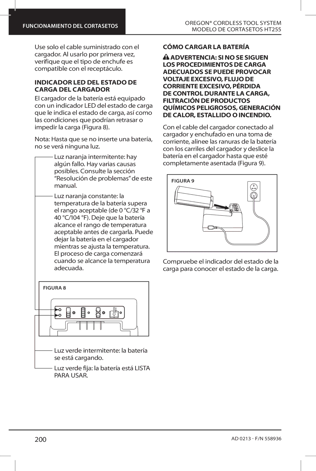 Oregon HT255 instruction manual 200, Indicador LED DEL Estado DE Carga DEL Cargador 