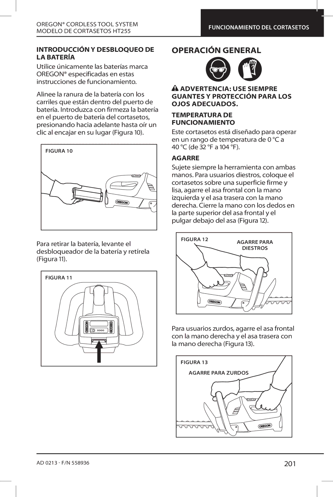 Oregon HT255 instruction manual Operación General, 201, Introducción Y Desbloqueo DE LA Batería, Agarre 