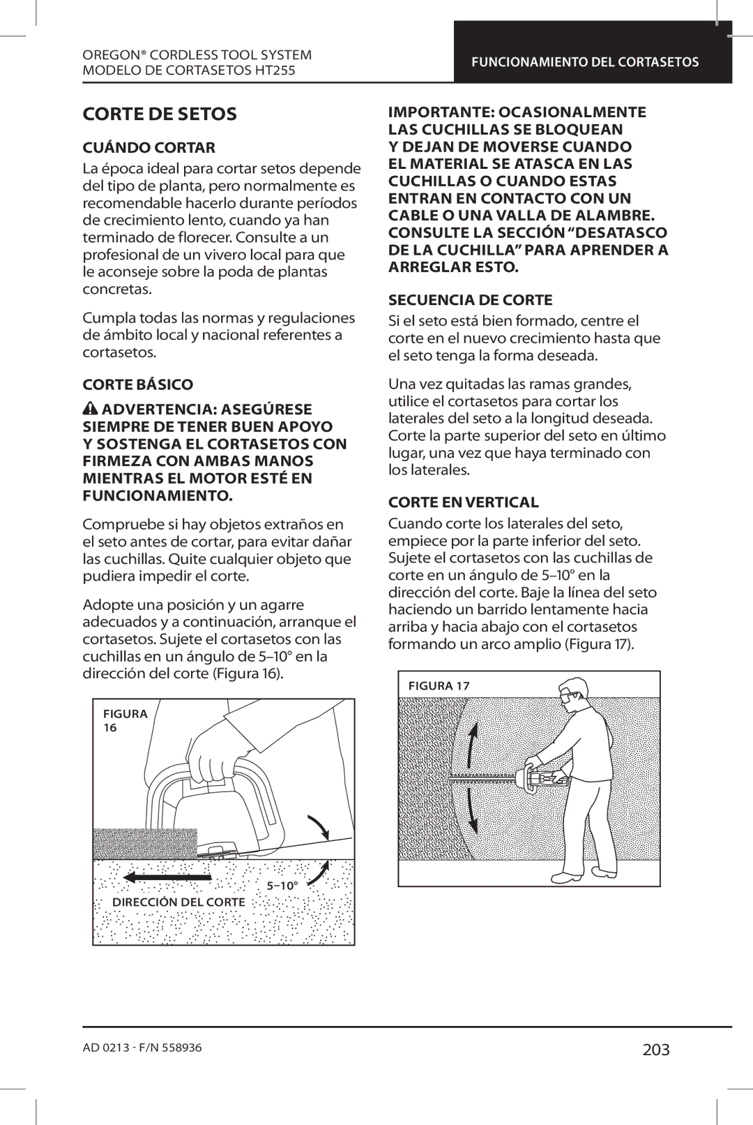 Oregon HT255 instruction manual Corte DE Setos, 203, Cuándo Cortar, Corte EN Vertical 