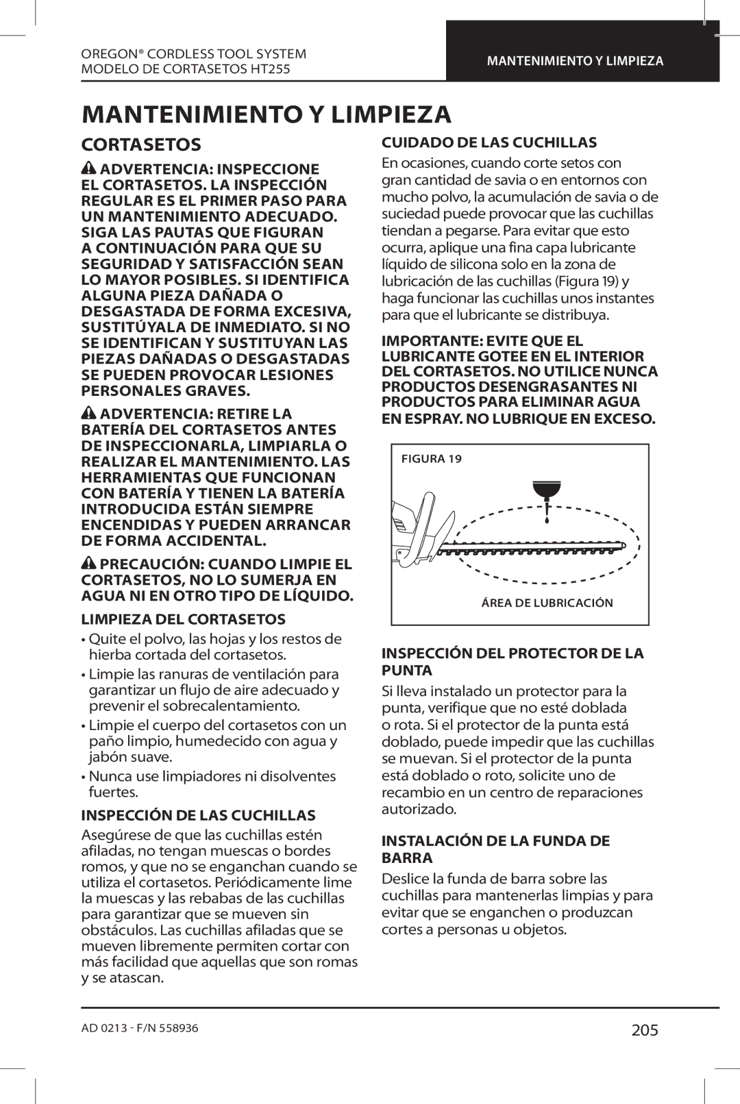 Oregon HT255 instruction manual Mantenimiento Y Limpieza, Cortasetos, 205 