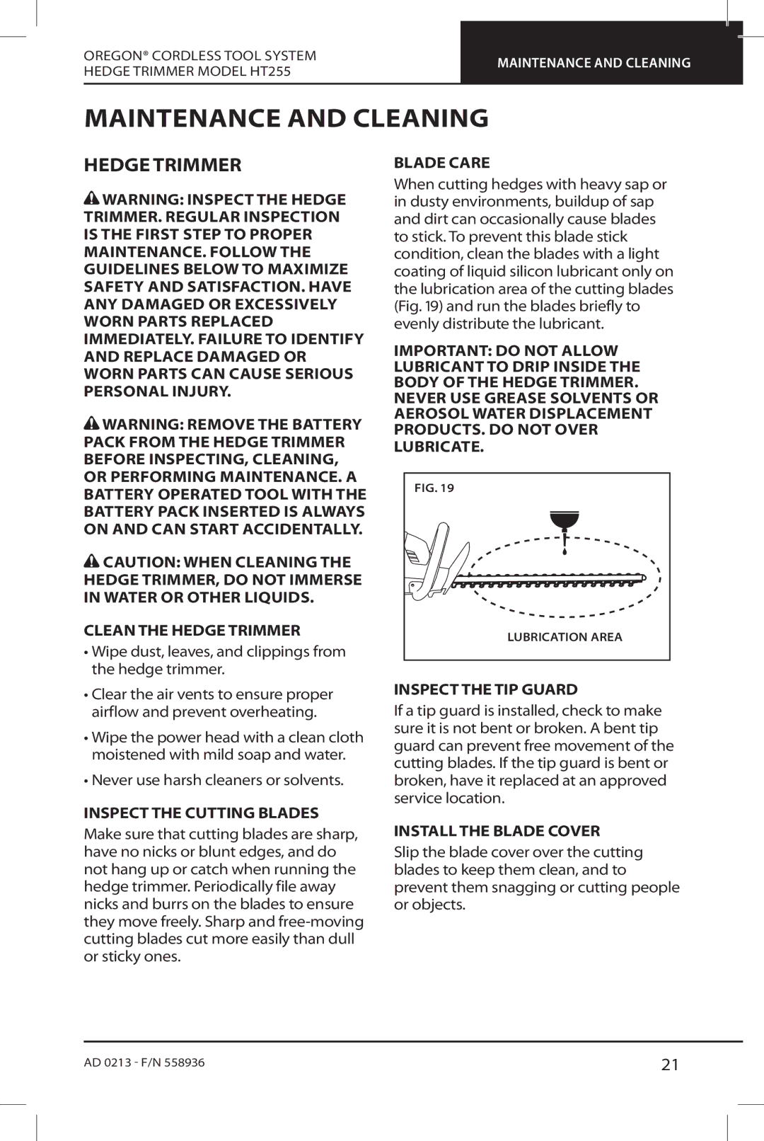 Oregon HT255 instruction manual Maintenance and Cleaning, Hedge Trimmer 