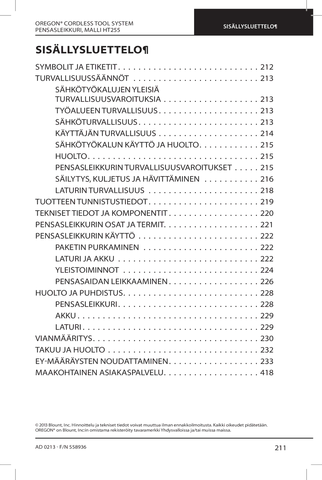 Oregon HT255 instruction manual Sisällysluettelo¶, 211 