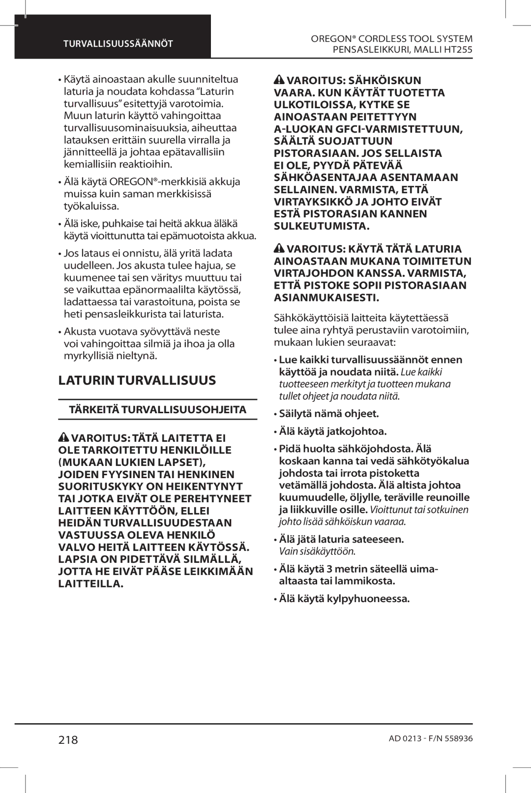 Oregon HT255 instruction manual Laturin Turvallisuus, 218, Säilytä nämä ohjeet Älä käytä jatkojohtoa 