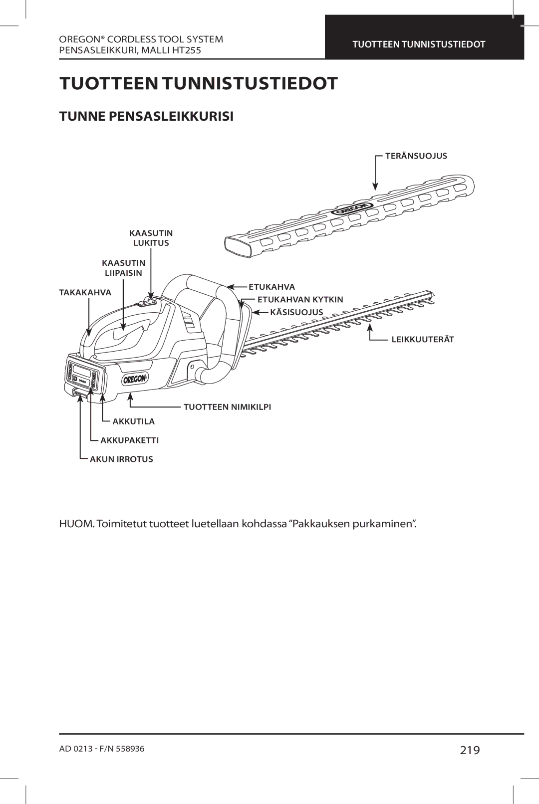 Oregon HT255 instruction manual Tuotteen Tunnistustiedot, Tunne Pensasleikkurisi, 219 