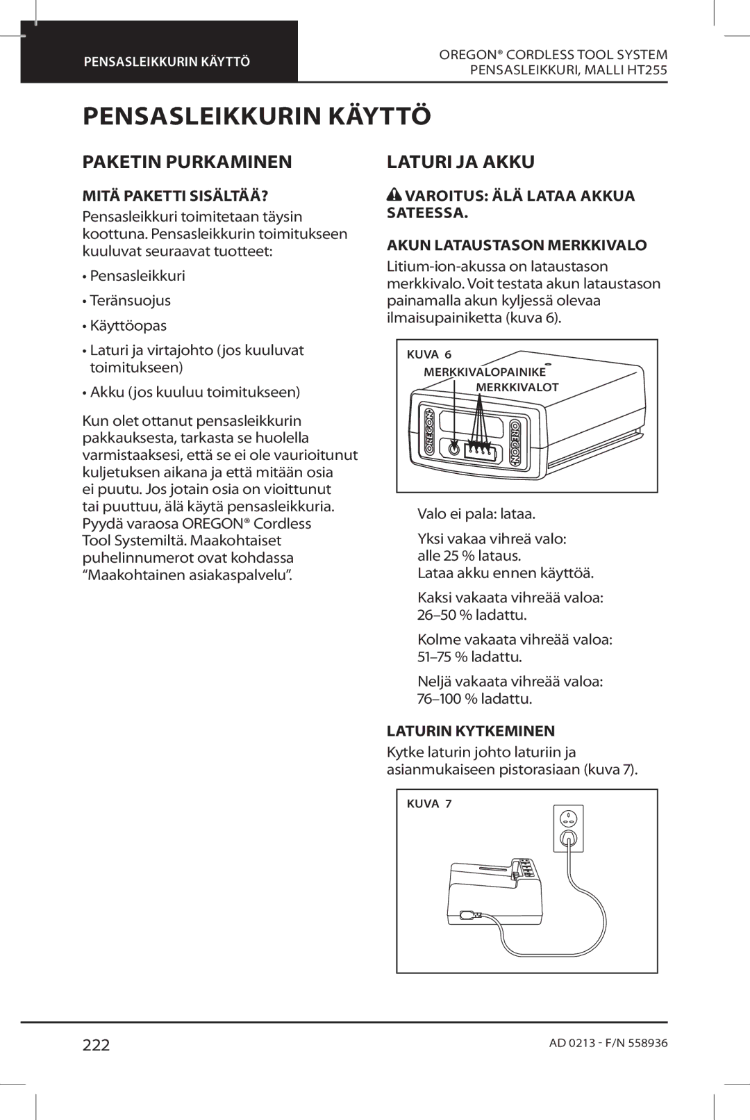 Oregon HT255 instruction manual Pensasleikkurin Käyttö, Paketin Purkaminen, Laturi JA Akku, 222 