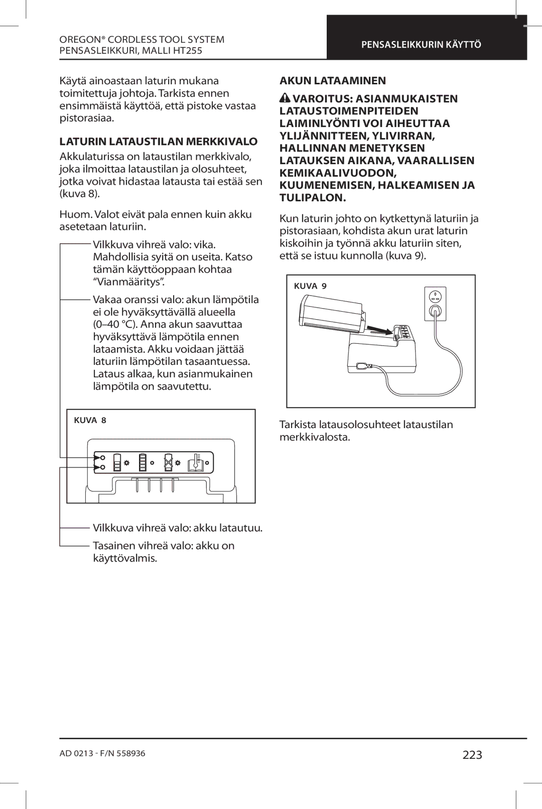 Oregon HT255 instruction manual 223, Laturin Lataustilan Merkkivalo 